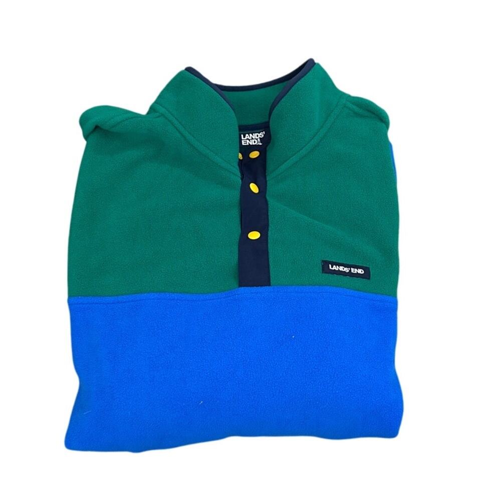 Lands End Fleece Pullover Mens XXL Blue Green Colorblock Snap Neck Sweatshirt